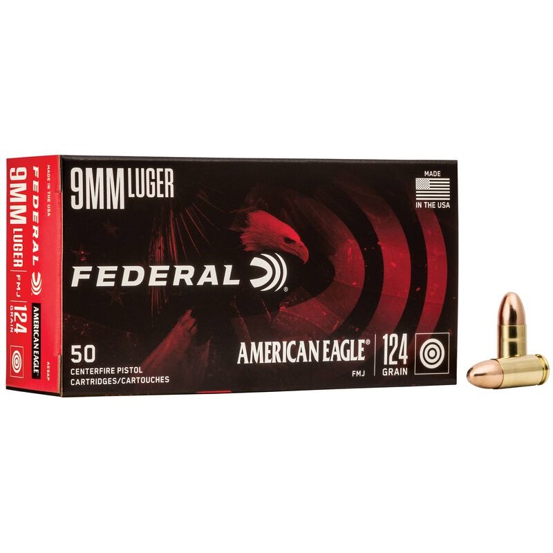 Federal 9mm Luger - FAE9AP - American Eagle - 124 gr - Full Metal Jacketed - 1150 fps - 50 Cartridges in a Box